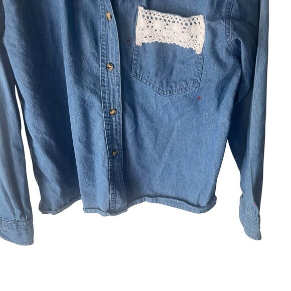 Haik's Vintage 90s Medium Denim Cottage Lace Rose Floral Embrodered Button Up - Picture 3 of 10